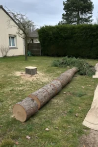 Tronc d’arbre abattu et découpé sur pelouse à Saint-Germain-en-Laye