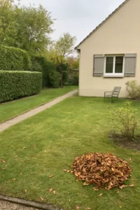 Entretien du jardin à Saint-Germain-en-Laye avec feuilles ramassées sur pelouse