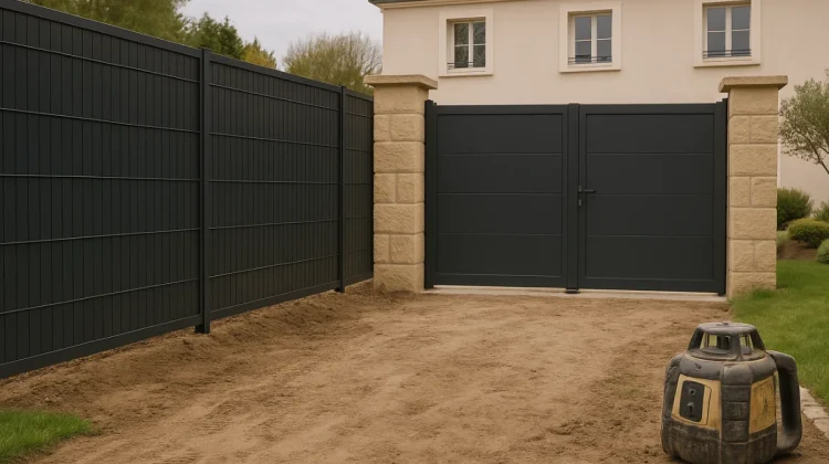 Portail en aluminium noir avec clôture assortie en cours d’installation
