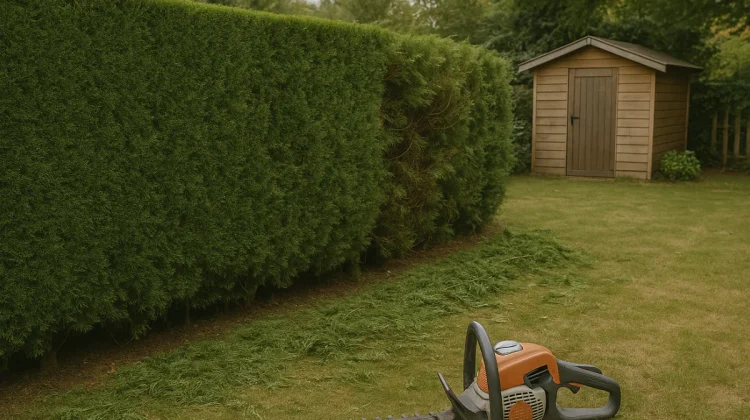 Taille de haie avec taille-haie thermique près d’un abri de jardin